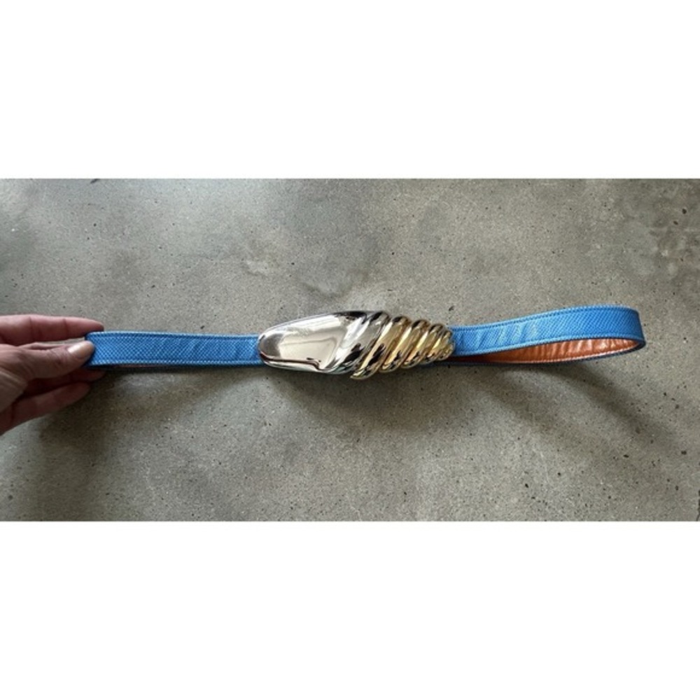 Vintage Alexis‎ Kirk Belt Two Tone Gold Silver Buckle Aqua Glam 80's